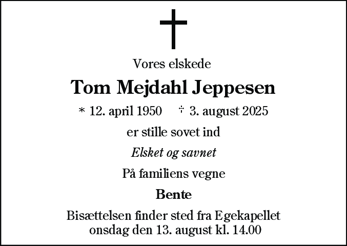 Dødsannonce for Tom Mejdahl Jeppesen