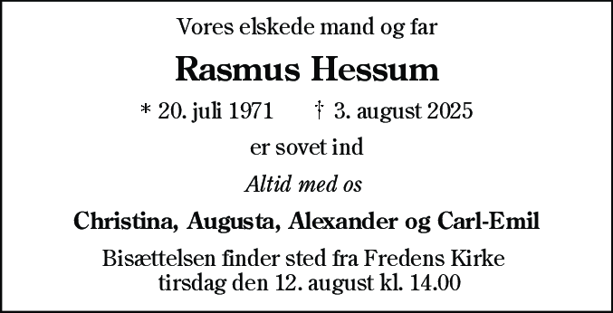 Dødsannonce for Rasmus Hessum