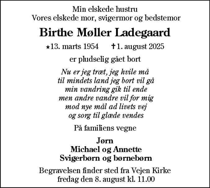 Dødsannonce for Birthe Møller Ladegaard