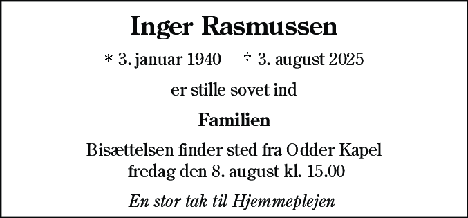 Dødsannonce for Inger Rasmussen