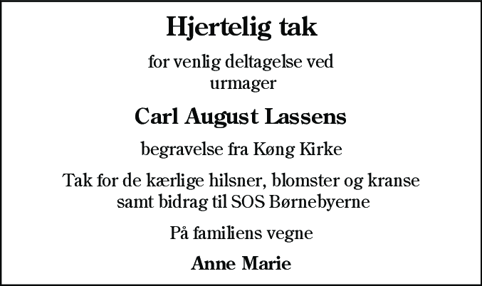 Dødsannonce for Carl August Lassen