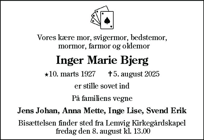 Dødsannonce for Inger Marie Bjerg