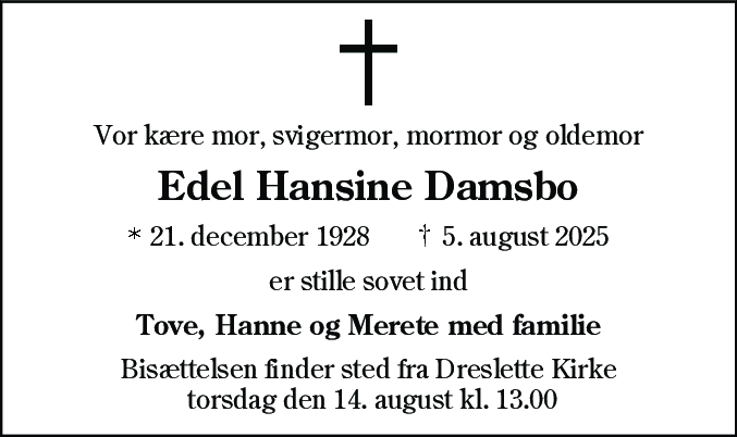 Dødsannonce for Edel Hansine Damsbo