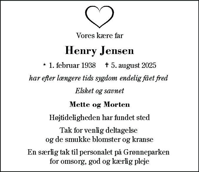 Dødsannonce for Henry  Jensen