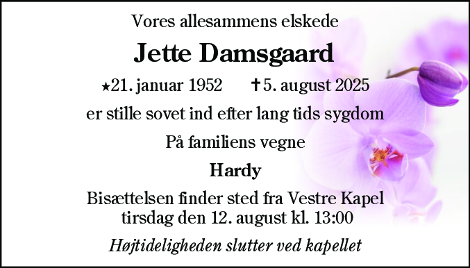 Dødsannonce for Jette Marie Damsgaard