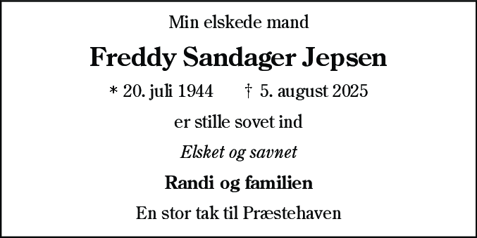 Dødsannonce for Freddy Sandager Jepsen