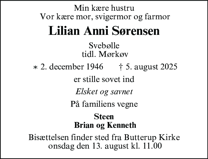 Dødsannonce for Lilian Anni Sørensen