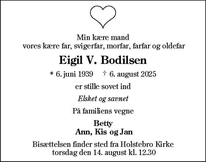 Dødsannonce for Eigil Vestergaard Bodilsen