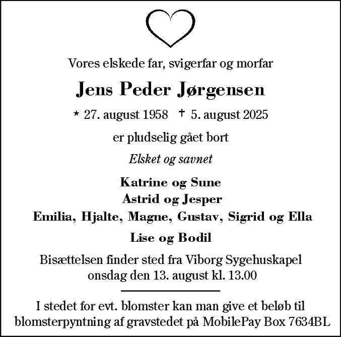 Dødsannonce for Jens Peder Jørgensen