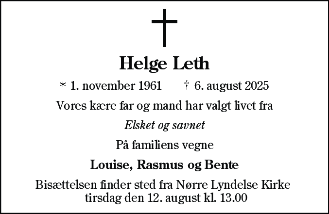 Dødsannonce for Helge Leth