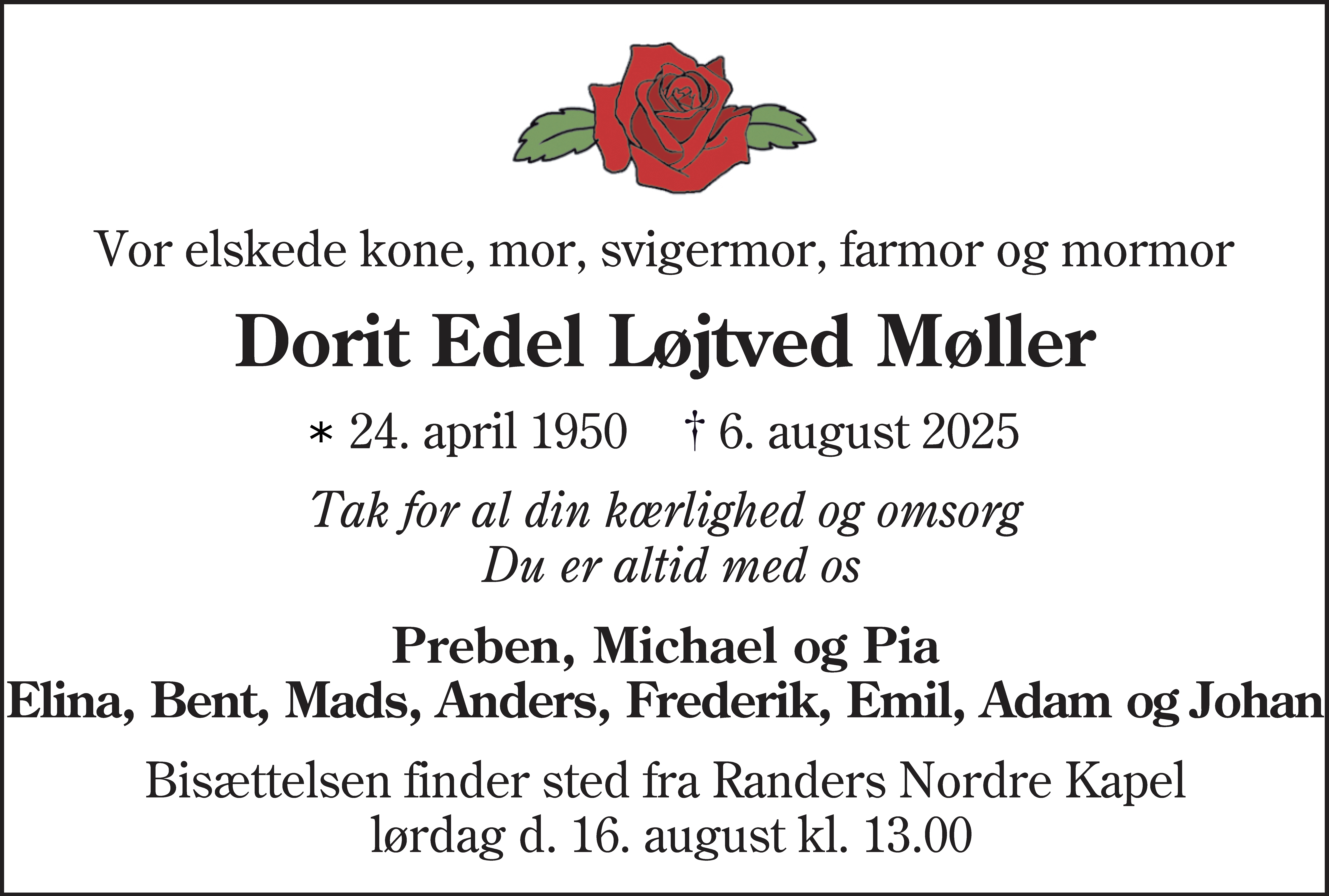 Dødsannonce for Dorit Edel Løjtved Møller