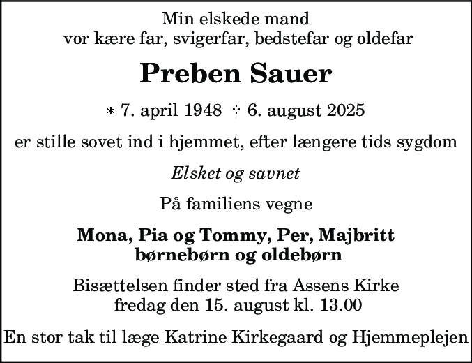 Dødsannonce for Preben Sauer