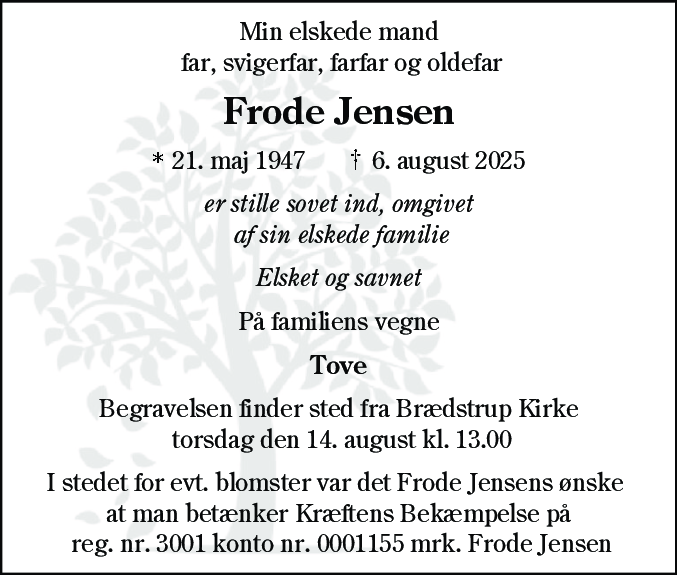 Dødsannonce for Frode Jensen