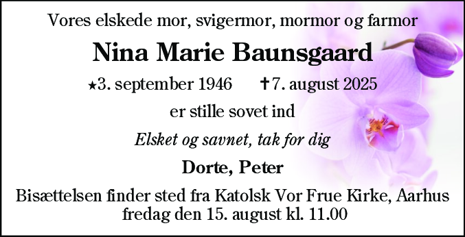 Dødsannonce for Nina Marie Baunsgaard