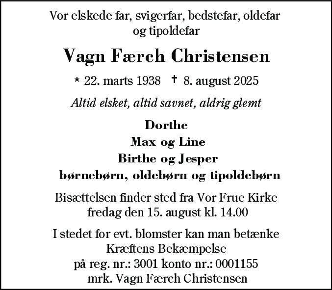 Dødsannonce for Vagn Færch Christensen