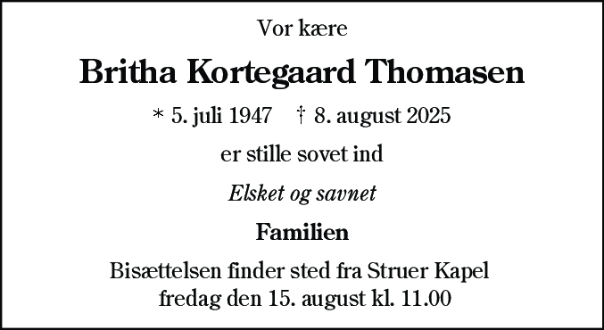 Dødsannonce for Britha Kortegaard Brøndbjerg Thomasen