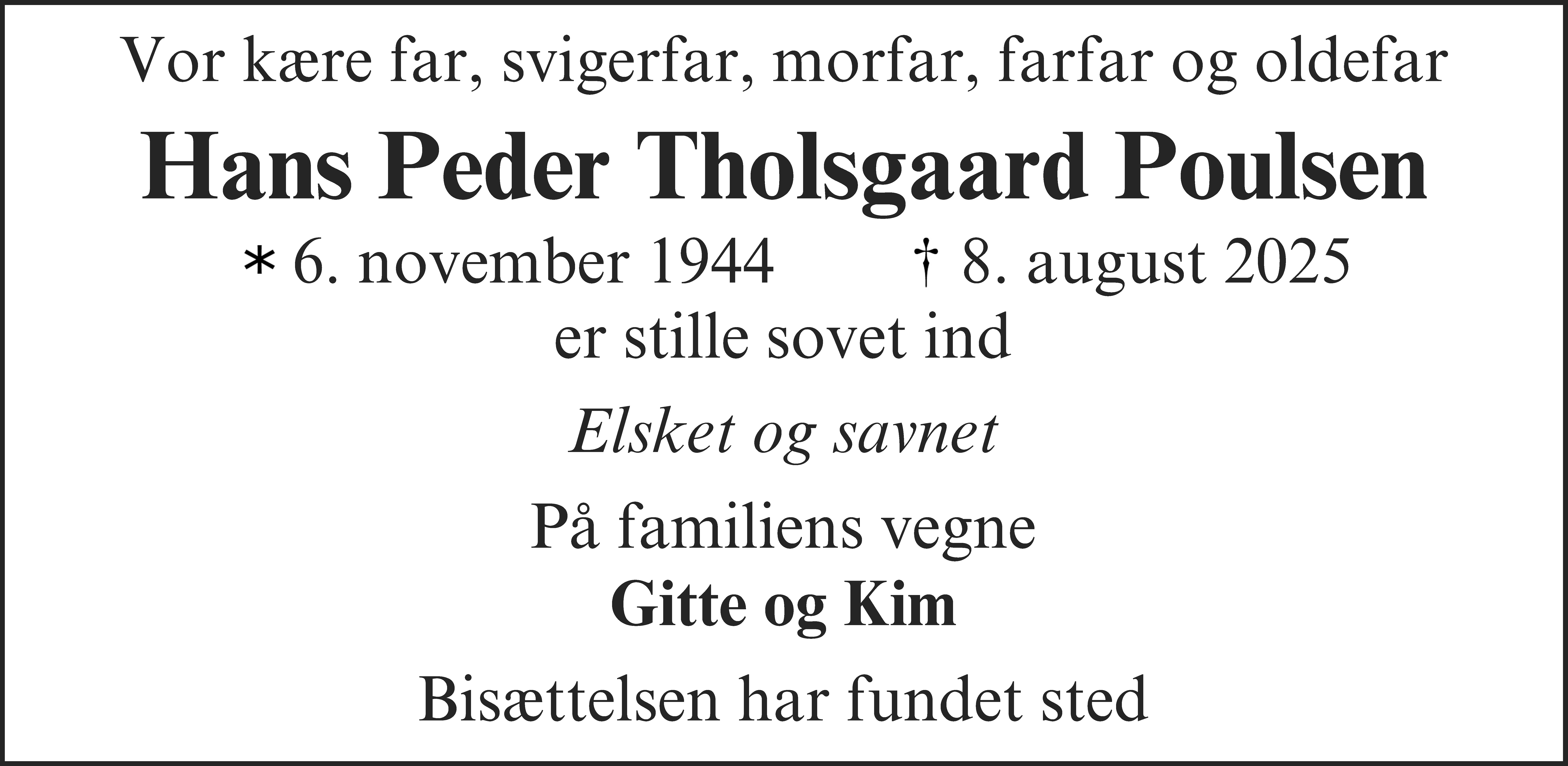 Dødsannonce for Hans Peder Tholsgaard Poulsen