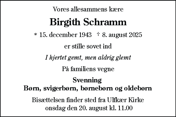 Dødsannonce for Inger Birgith Schramm