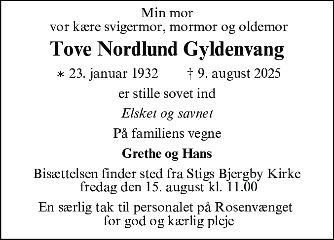 Dødsannonce for Tove Nordlund Gyldenvang