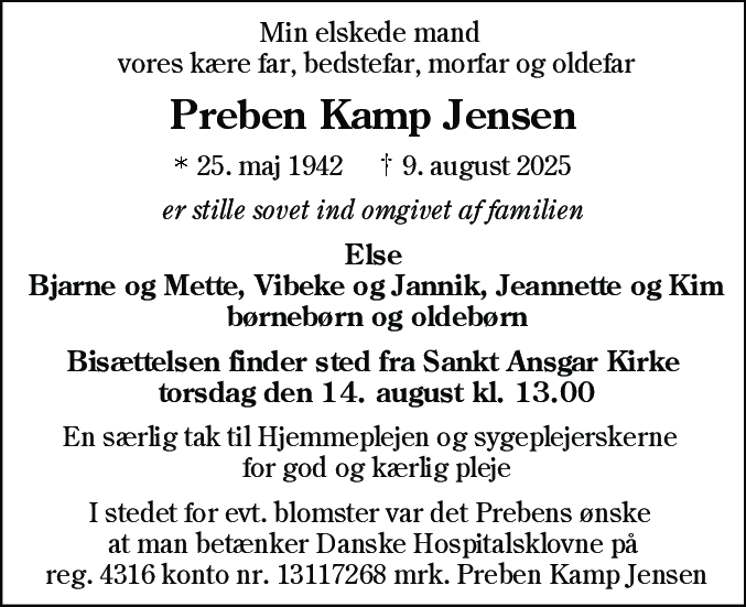 Dødsannonce for Preben Kamp Jensen