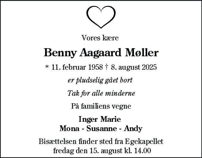 Dødsannonce for Benny Aagaard Møller