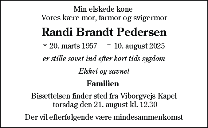 Dødsannonce for Randi Brandt Pedersen