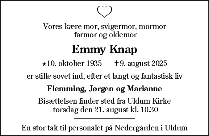 Dødsannonce for Emmy Selma Knap