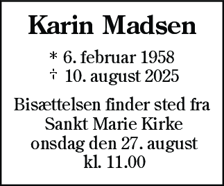 Dødsannonce for Karin Madsen
