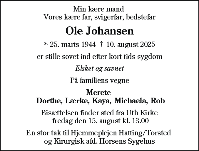 Dødsannonce for Ole Johansen