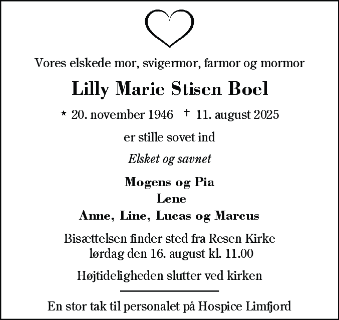 Dødsannonce for Lilly Marie Stisen Boel