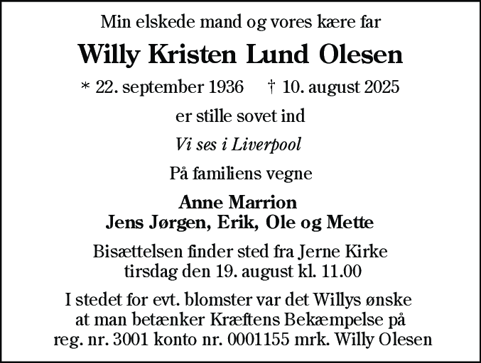 Dødsannonce for Willy Kristen Lund Olesen