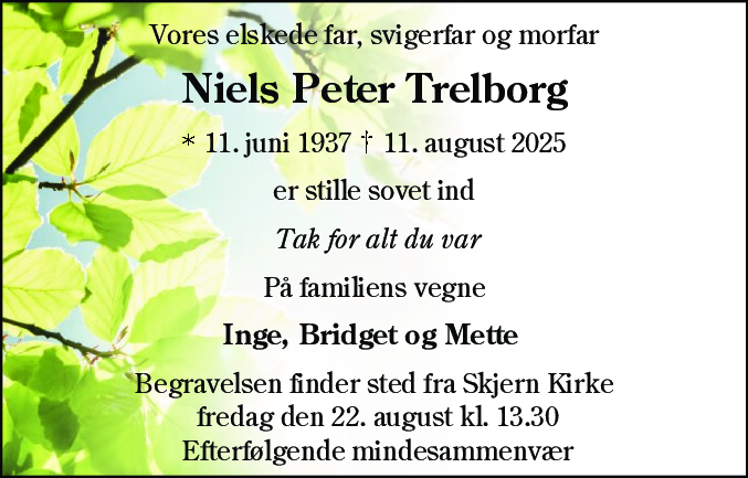 Dødsannonce for Niels Peter Trelborg