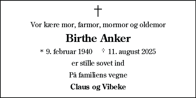 Dødsannonce for Birthe Anna Anker