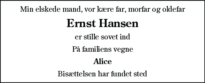 Dødsannonce for Ernst Hansen