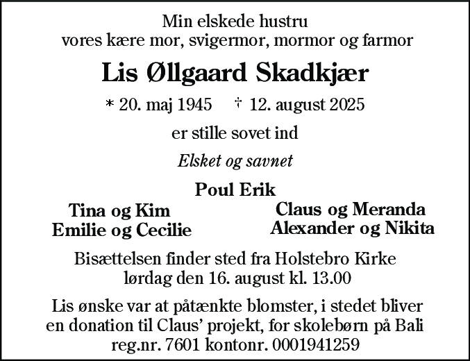 Dødsannonce for Lis Øllgaard Skadkjær