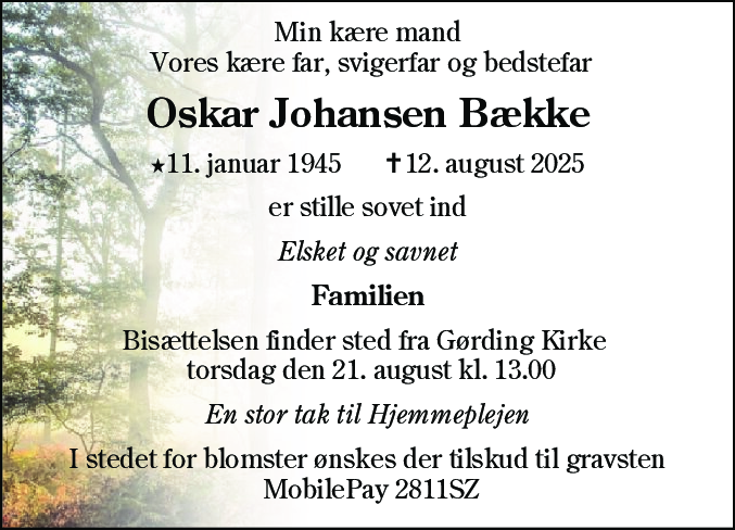 Dødsannonce for Oskar Johansen Bække
