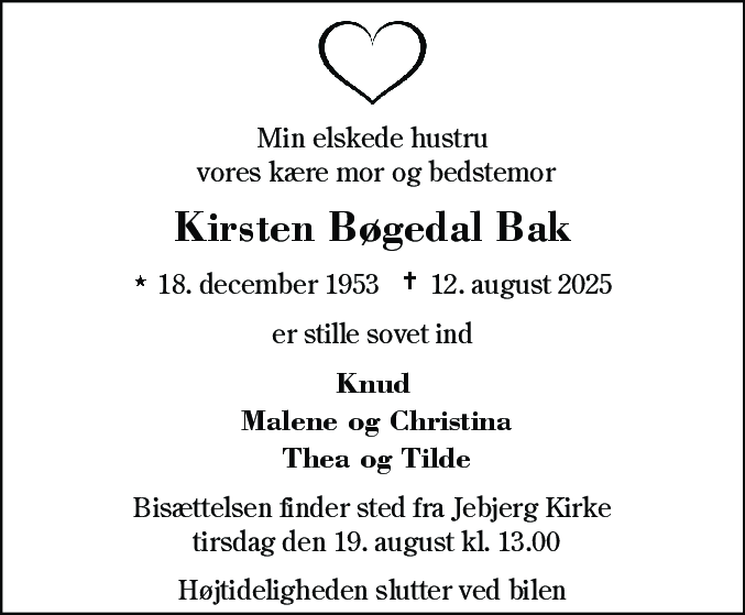 Dødsannonce for Kirsten Bøgedal Bak
