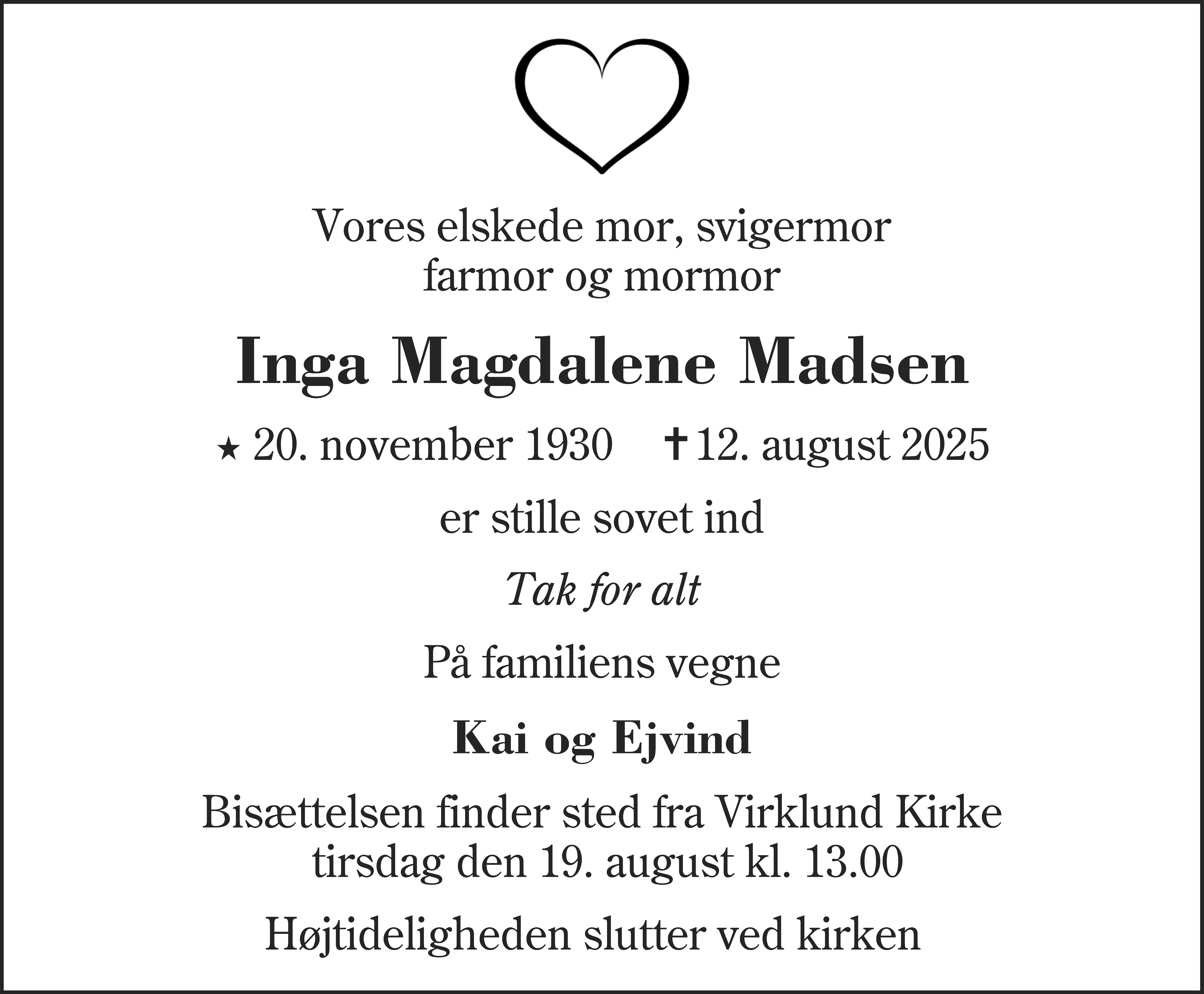 Dødsannonce for Inga Magdalene Madsen