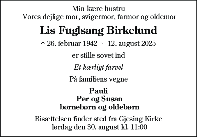Dødsannonce for Lis Fuglsang Birkelund