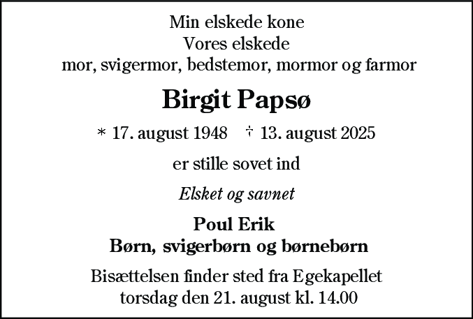 Dødsannonce for Birgit Papsø