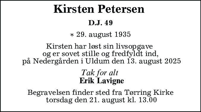 Dødsannonce for Kirsten Petersen