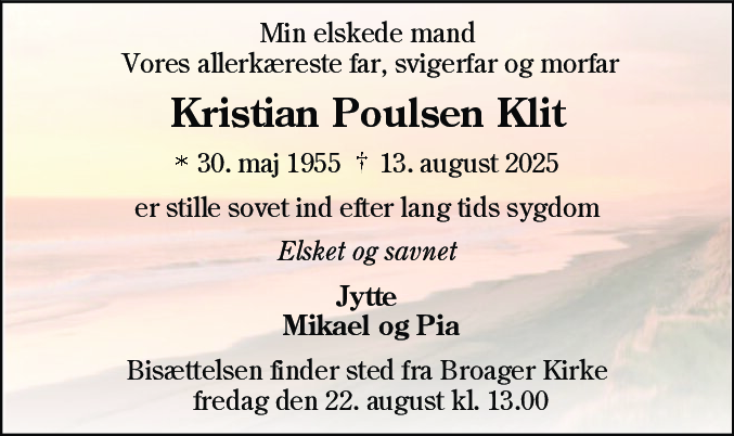 Dødsannonce for Kristian Poulsen Klit