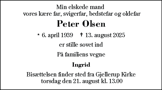 Dødsannonce for Peter Olsen