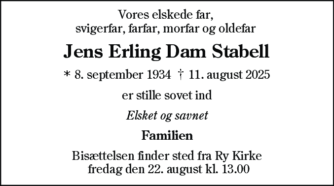 Dødsannonce for Jens Erling Dam Stabell