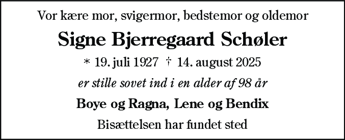 Dødsannonce for Signe Bjerregaard Schøler