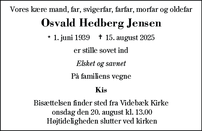 Dødsannonce for Osvald Hedberg Jensen