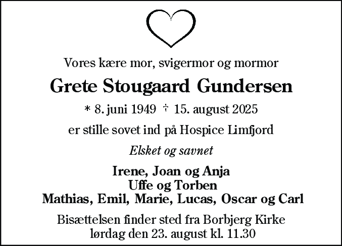 Dødsannonce for Grete Stougaard Gundersen