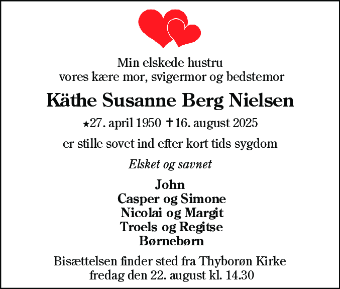 Dødsannonce for Kate Susanne Berg Nielsen