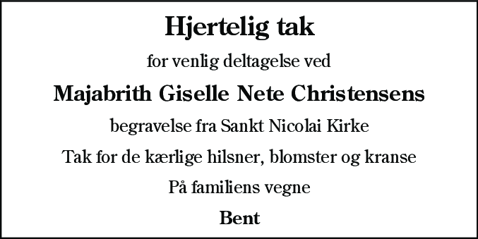 Dødsannonce for Majabrith Giselle Nete Christensen