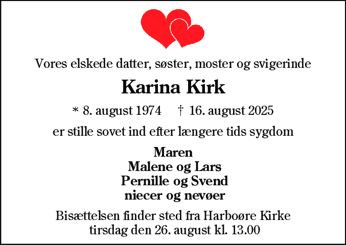 Dødsannonce for Karina Kirk